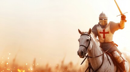 A knight in armor charges into battle on a white horse, wielding a sword against a fiery backdrop.