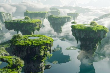Floating Islands in a Misty Sky Above a Tranquil Lake