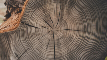 Obraz premium Close-up of ebony tree cut surface highlighting dark concentric growth rings, fine texture, and natural cracks, ideal for backgrounds, woodworking, or nature-inspired designs. 