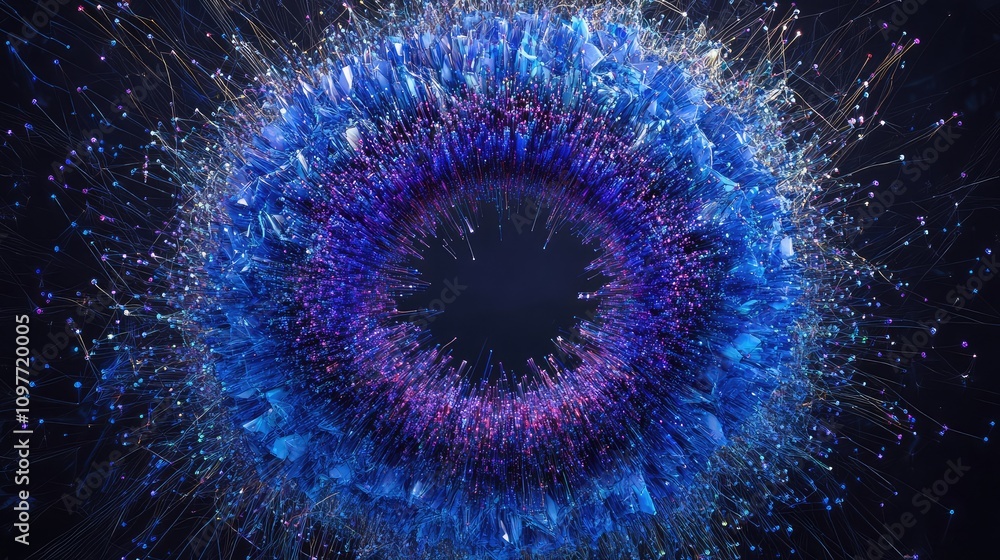 Poster spinning particles and pixels forming a circular data pattern in electric blues and purples