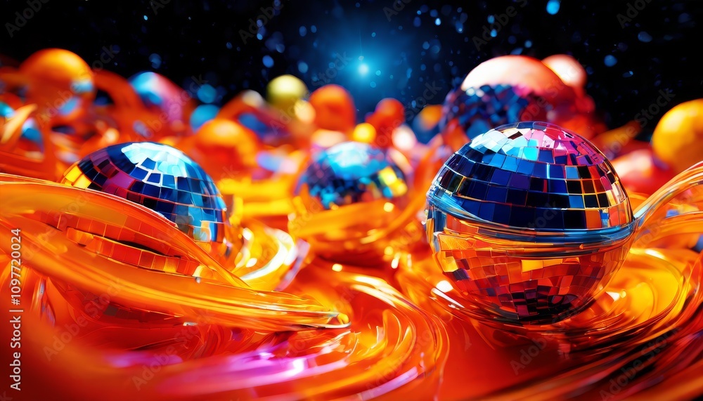 Poster a vibrant abstract composition featuring multicolored disco-like spheres floating in swirling liquid