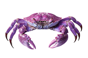 Image of a crab, in a purple color with red spots on the shell, isolated on a transparent background.