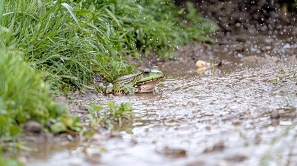 Fototapeta premium Green Frog in Puddle Rain Nature Wildlife Photography