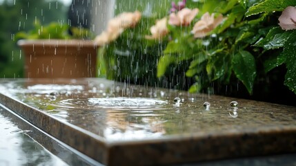 Fototapeta premium Close-Up of Raindrops Falling on a Smooth Stone Surface Surrounded by Vibrant Green Leaves and Colorful Flowers in a Tranquil Garden Setting