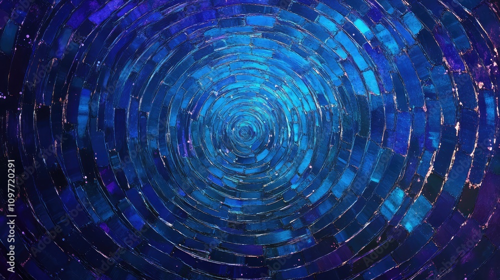 Poster spinning particles and pixels forming a circular data pattern in electric blues and purples