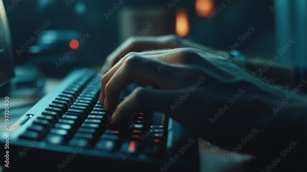Poster close-up of hands typing on a keyboard at night.