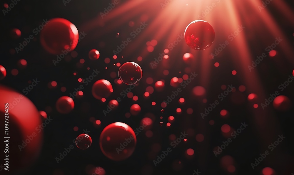Poster abstract depiction of red spheres floating in a dark space with light rays.