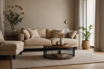 Japandi living room interior with cozy beige couch, modern minimalist design of apartment