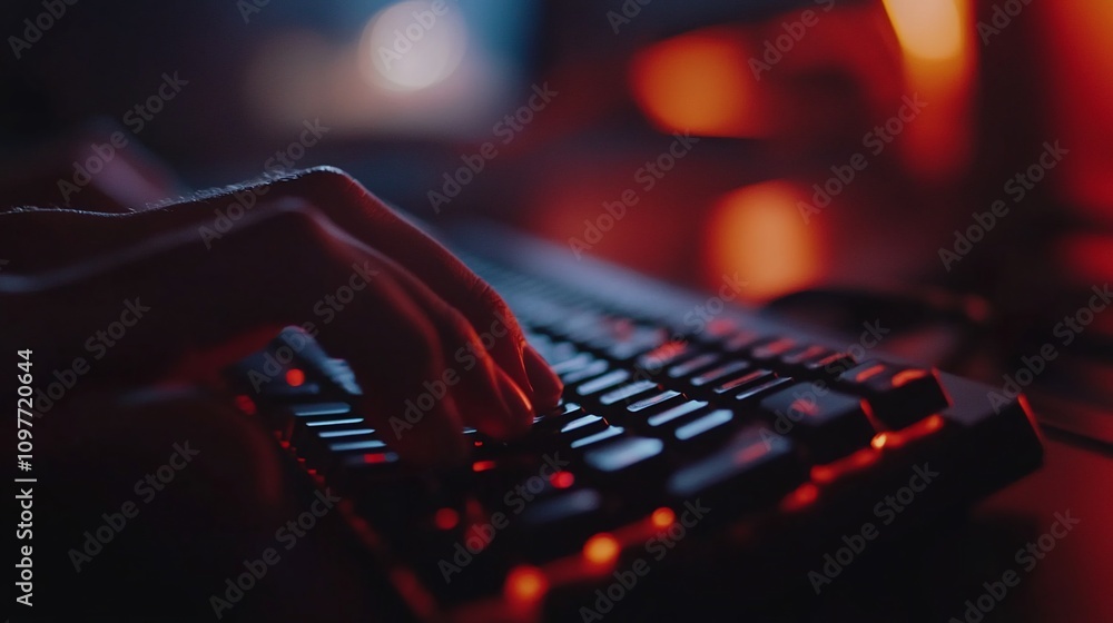 Poster Close-up of hands typing on a backlit keyboard in low light.