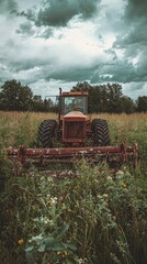 Fototapeta premium Vintage Red Tractor Sitting Idle in Green Field Surrounded by Wildflowers and Dense Grass Under a Dramatic Cloudy Sky