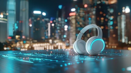 A minimal studio desk featuring modern audio equipment with subtle blue lighting, emphasizing sleek design