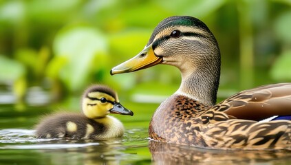 Fototapeta premium A duck and its duckling are swimming in the water