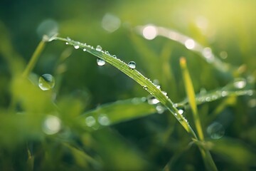 Dewdrops Adorn Lush Green Blades Of Grass