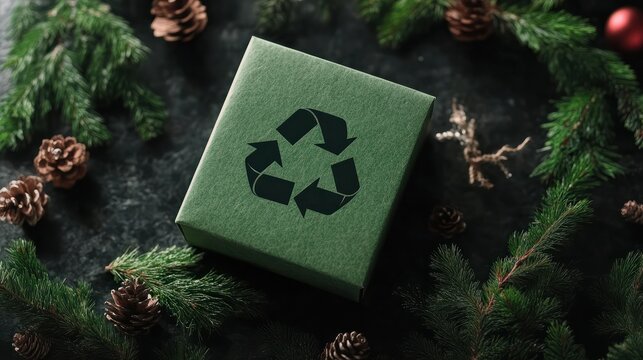 A green holiday gift box featuring the recycling symbol, surrounded by pine branches and sustainable package