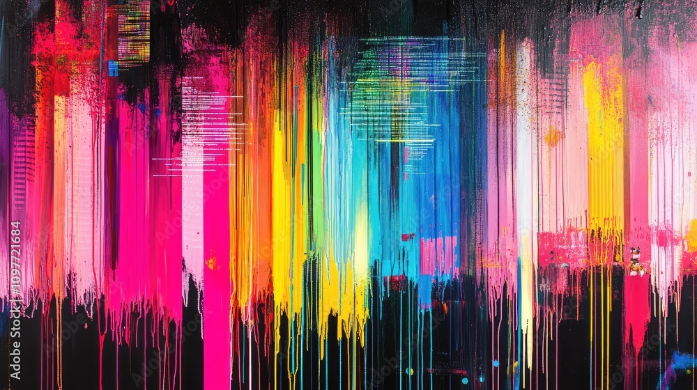 Poster streaks of paint overlaid with digital coding lines, fusing traditional and tech elements
