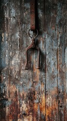 Vintage Rusty Hook Hanging on Weathered Wooden Door with Peeling Paint and Textured Patterns, Evoking a Sense of History and Rustic Charm in a Unique Setting