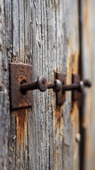 Detailed Close-up of Weathered Wooden Door with Rusty Iron Fasteners Showing Texture and Age of Materials Under Natural Light Conditions