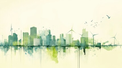 Obraz premium Modern city skyline with wind turbines in watercolor style. Vector illustration.