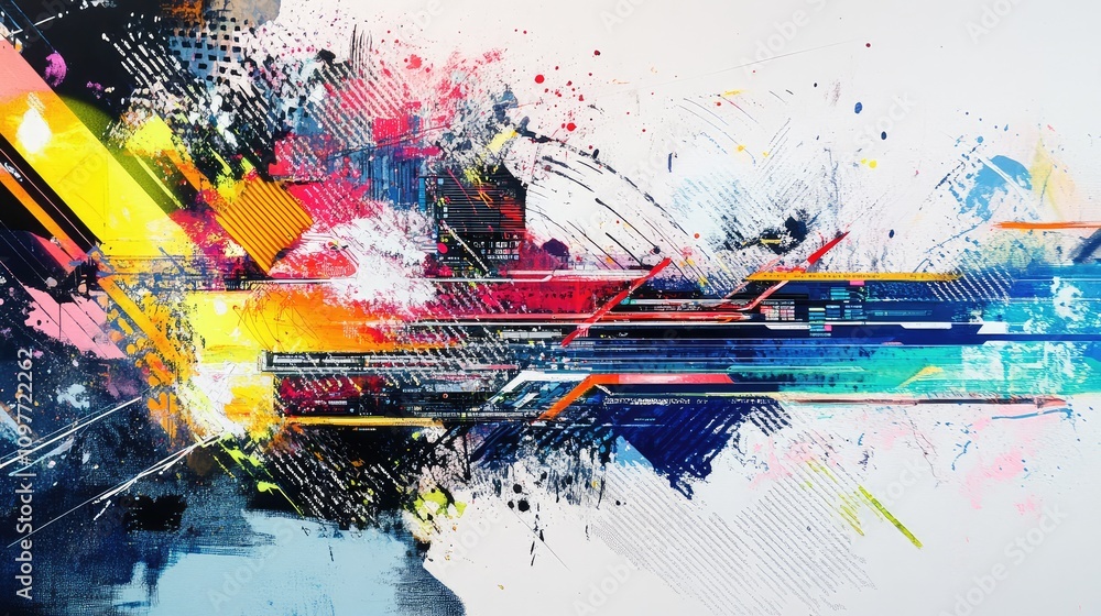 Poster streaks of paint overlaid with digital coding lines, fusing traditional and tech elements