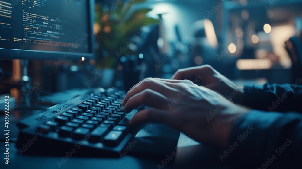 Aufkleber Programmer's hands coding on keyboard at night.