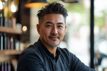 Fototapeta premium a stylish and mid-aged male Asian hairdresser with a half-length portrait who faces toward the camera