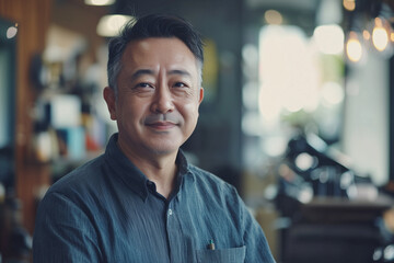 Fototapeta premium a stylish and mid-aged male Asian hairdresser with a half-length portrait who faces toward the camera