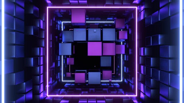 Purple adn Light Blue Cubic Entity Move Through Tunnel Background VJ Loop in 4K