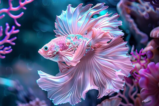 Vibrant pink betta fish with flowing fins amidst coral reefs.