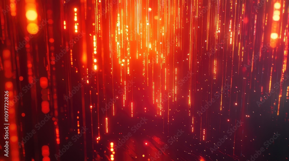 Poster streams of light-filled data symbols descending, capturing a sense of futuristic rain in an animated
