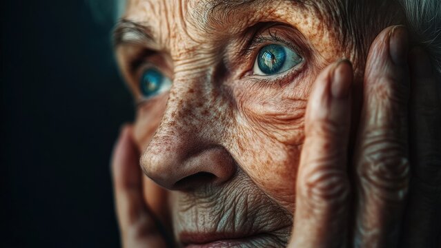 Close-up of an elderly person's face showcasing deep wrinkles and blue eyes