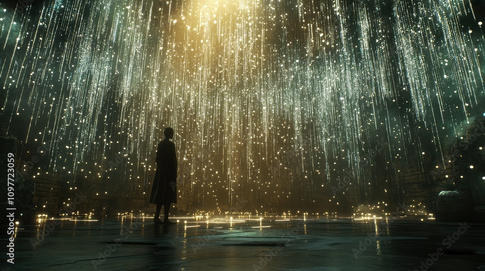 Poster streams of light-filled data symbols descending, capturing a sense of futuristic rain in an animated