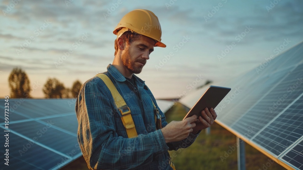 Poster a man in a yellow hard hat is looking at a tablet while standing in a field