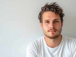 Obraz premium Young man with curly hair smiling against a light background