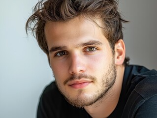 Obraz premium Young man with tousled hair gazing thoughtfully at the camera