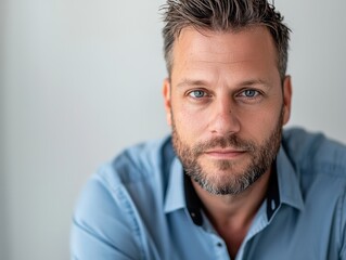 Obraz premium Confident Man with Short Hair and Beard in Blue Shirt Portrait