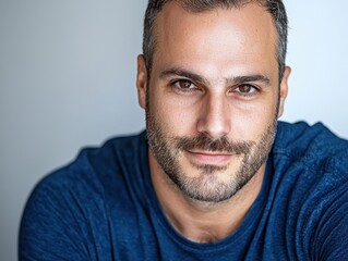 Fototapeta premium Smiling man with short hair and beard in casual blue shirt