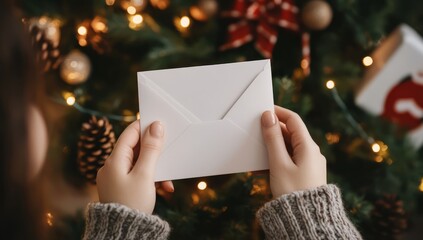 A close-up shot of hands holding an open white envelope, with Christmas decorations in the background. 