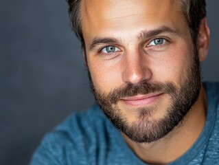 Obraz premium Portrait of a Smiling Man with Blue Eyes and Beard in Casual Clothing