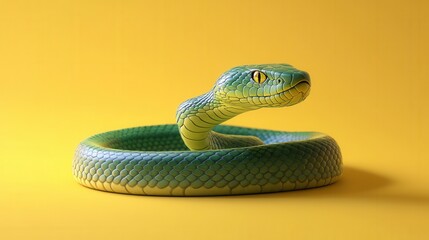 Fototapeta premium Green Snake Coiled on Yellow Background 3D Render Reptile Wildlife Nature