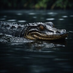 Fototapeta premium A black caiman gliding silently through dark Amazon waters.