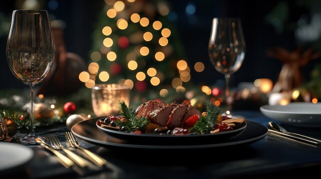 Christmas food menu, dinner table place setting, dark festive background. The table is covered with a modern christmass decoration based on the christmas trends 2024. New Year eve 2025.