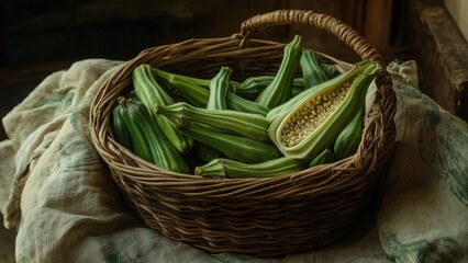 Obraz premium Fresh okra pods in a wicker basket on a rustic cloth