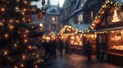 Fototapeta premium Christmas market at European town with christmas tree and lights, Evening time, blured, bokeh. Banner size.