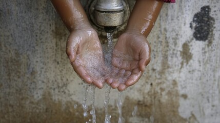 Obraz premium Child s Hands Catching Clean Water from Tap Hygiene Thirst Purity