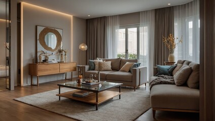 Fototapeta premium Light living room with folding screen, comfortable sofa, coffee table and chest of drawers