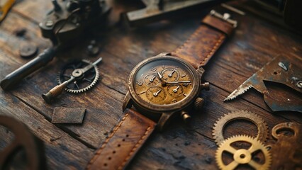 Vintage mechanical watch surrounded by gears and tools on wooden surface