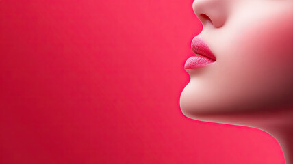 Lips and face profile against vibrant pink background, showcasing beauty
