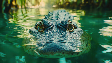 Obraz premium Massive Crocodile Partially Submerged in Deep Water with Lush Green Surroundings