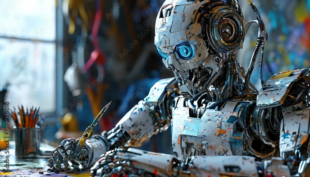 Poster a highly detailed robot uses a paintbrush in an industrial workshop setting, surrounded by creative 