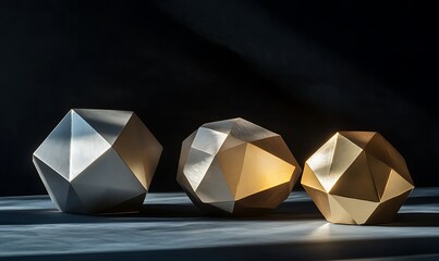 Three geometric sculptures with varying textures and lighting effects on a dark background.